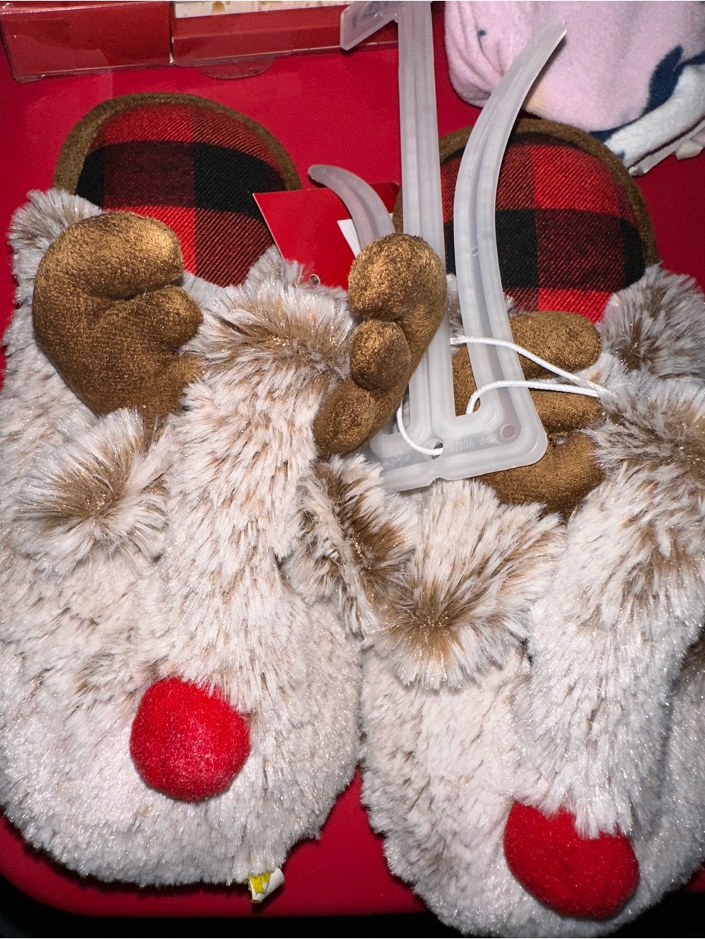 Wondershop Beige Faux Fur Reindeer Slippers with Red Noses